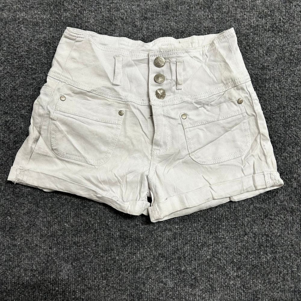 Reign Denim Shorts Womens Size 7 White High Waisted Triple Button Stretch Cuffed